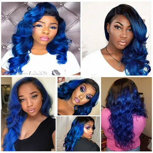 Miniatura 2 de Paquetes de cabello humano ondulado azul de dos tonos de raíces negras a azules, paquetes de cabello humano brasileño 1B/azul, paquetes de cabello