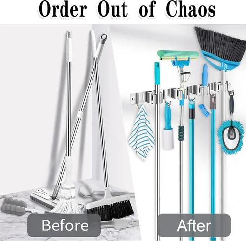Miniatura 2 de Soporte para trapeador de escoba de montaje en pared, organizador de metal para almacenamiento de garaje, jardín, cocina, herramientas con 4