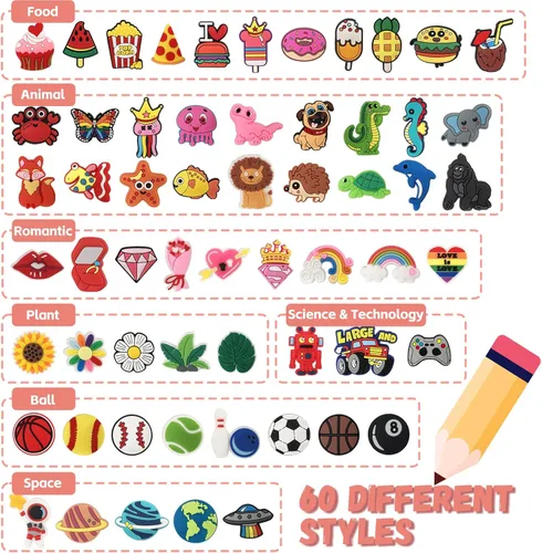 Miniatura 2 de Zddaoole 60 piezas de decoración para lápices, diferentes diseños de clip para lápices, adecuado para premios escolares, recompensas de aula, idea