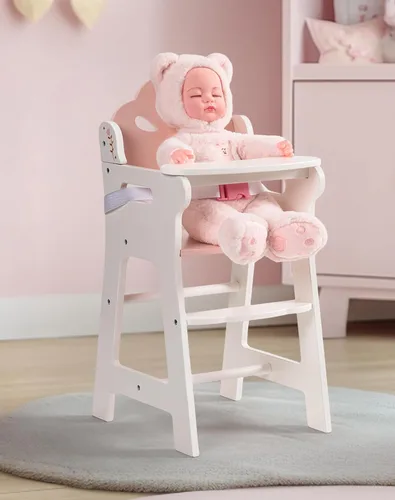 Miniatura 10 de ROBUD Silla alta de muñeca de bebé, silla alta de juego de simulación con cinturón de seguridad, accesorios de muñeca de madera rosa con mesa móvil