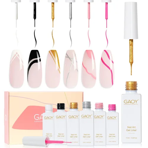 GAOY Esmalte de uñas de gel, 6 colores clásicos, negro, blanco, dorado, plateado para diseño de pintura de uñas con pincel fino, manicura francesa y