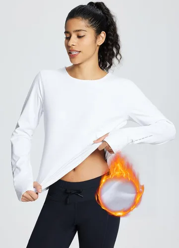 Miniatura 7 de BALEAF Camisas térmicas de manga larga para mujer, ropa de invierno, cuello redondo, cálido, forro polar, capa base con pasamontañas y agujeros