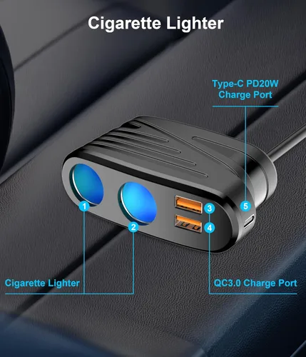 Miniatura 8 de Divisor de encendedor de cigarrillos 5 en 1, adaptador de encendedor de cigarrillos de 120 W con PD 20 W y QC 3.0 * 2 carga, cargador de coche de 12