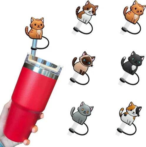 6 piezas de cubierta de pajita de silicona, popotes reutilizables, toppers para beber, cubiertas lindas, tapa de pajita de gato para topper Stanley