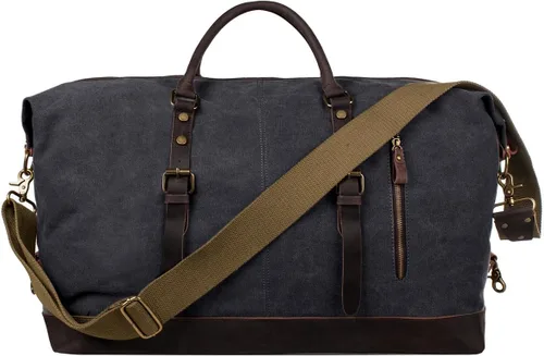 Miniatura 25 de S-ZONE - Bolsa de viaje de lona sobredimensionada con adornos de cuero genuino, bolsa deportiva de hombro de fin de semana, bolso de fin de semana