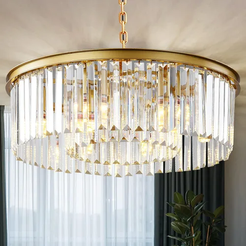 Miniatura 14 de Candelabro rectangular dorado de 31.5 pulgadas – Colgante de cristal moderno de lujo de 8 luces con altura ajustable, lámpara para comedor, isla