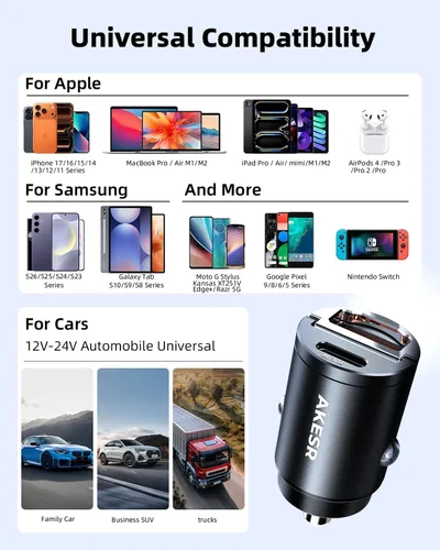 Miniatura 9 de AKESR Cargador de coche USB C de 65 W de carga rápida, accesorios de salida USB de 12 V para Carro, adaptador compacto para encendedor