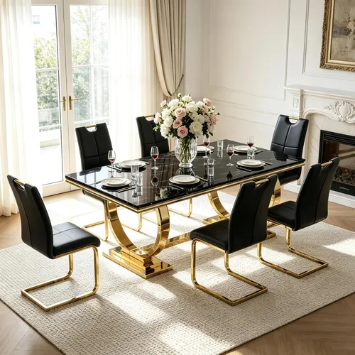 Miniatura 25 de Juego de mesa de comedor de mármol para 4, mesa de cocina rectangular de mármol blanco de 70 pulgadas con base en O de acero inoxidable dorado