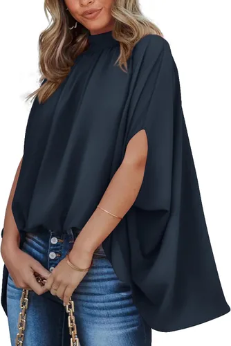 Miniatura 126 de BTFBM Blusas de verano para mujer, cuello alto falso, manga murciélago, holgadas, dobladillo alto y bajo, blusas informales de gran