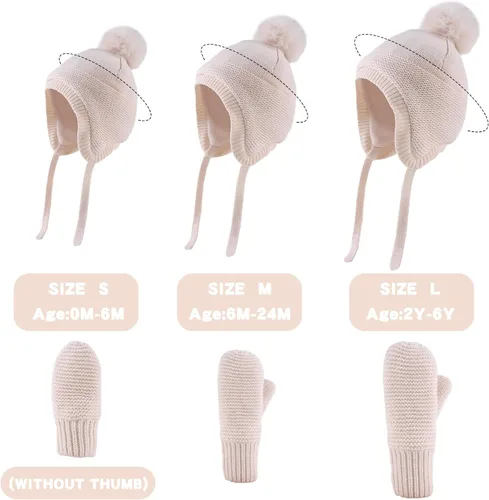 Miniatura 6 de JANGANNSA Básico invierno bebé niños Beanie guantes de punto niñas sombrero con pompón orejeras forro polar cálido niños sombreros mitones
