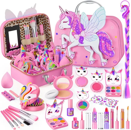 Beayuck Kit de Maquillaje para Niñas - Kit de Juguetes de Maquillaje para Niñas, Conjunto de Cosméticos Reales Lavables con Estuche de