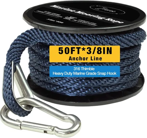 Miniatura 8 de Cuerda de anclaje para barco de nylon trenzado doble de 50 pies de 3/8 pulgadas con guardacabo de acero inoxidable 316 y gancho de resorte Negro