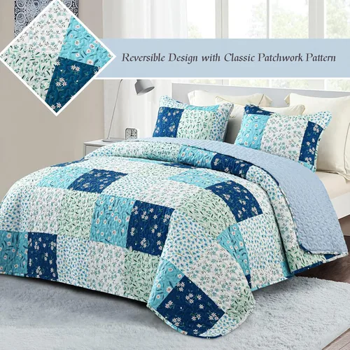 Miniatura 2 de Whale Flotilla Colcha de retazos tamaño individual, colcha floral bohemia extra suave para cama, reversible, ligero, juego de ropa de cama con 1 Azul