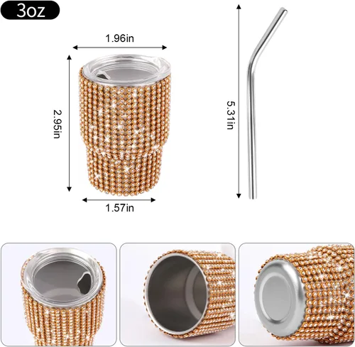 Miniatura 2 de INSTOME Vaso de chupito brillante de 3 onzas, mini tazas con tachuelas de diamantes de imitación con pajitas, brillo similar a un diamante para Oro
