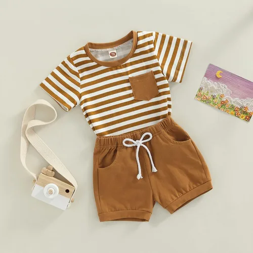 Miniatura 66 de Conjunto de ropa casual de manga corta con botones y pantalones cortos de lino para bebés y niños pequeños