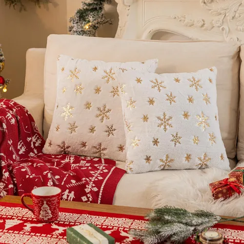 Miniatura 8 de LIGICKY Juego de 2 fundas de almohada de piel sintética blanca esponjosa con copos de nieve de lentejuelas doradas, decorativas, suaves, peludas