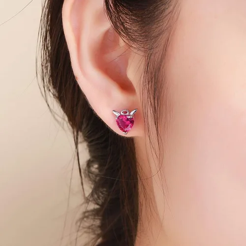 Miniatura 3 de Aretes de plata de ley 925 con forma de corazón de ángel y diablo para mujeres y niñas