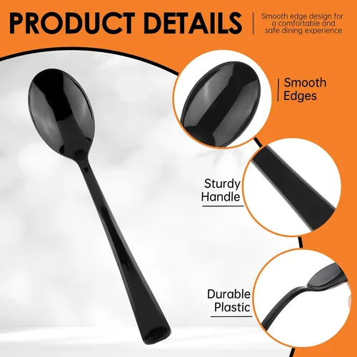 Miniatura 3 de Kochorie Paquete de 180 cucharas de plástico negras, utensilios desechables resistentes, 6.8 pulgadas, cucharas negras para fiesta a granel