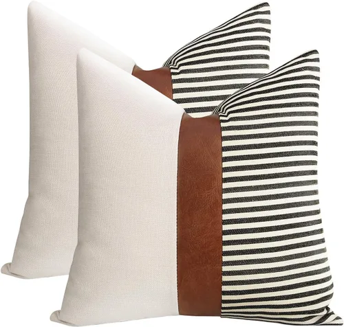 Cygnus - Juego de 2 fundas de almohada de 16 x 16 pulgadas hechas de lino y de la unión de distintas telas con diseño de rayas para decoración Negro