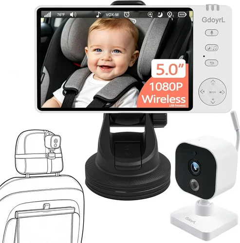 Cámara inalámbrica para automóvil de bebé, visión nocturna automática IR HD 1080P, monitor de bebé giratorio de 360°, pantalla de 5 pulgadas zoom