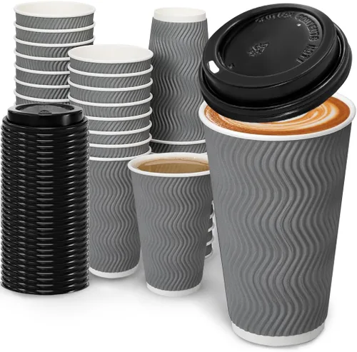 Miniatura 9 de BYSNOW Paquete de 100 tazas de café de 8 onzas con tapas, tazas de café aisladas desechables para llevar, tazas de café de papel onduladas