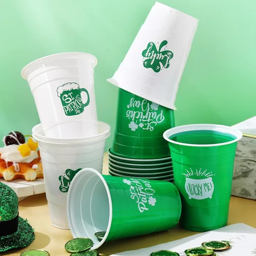 Miniatura 3 de Jingmore 30 vasos de plástico para el día de San Patricio, 16 onzas, color blanco y verde, trébol de la suerte, vasos desechables para el día de San