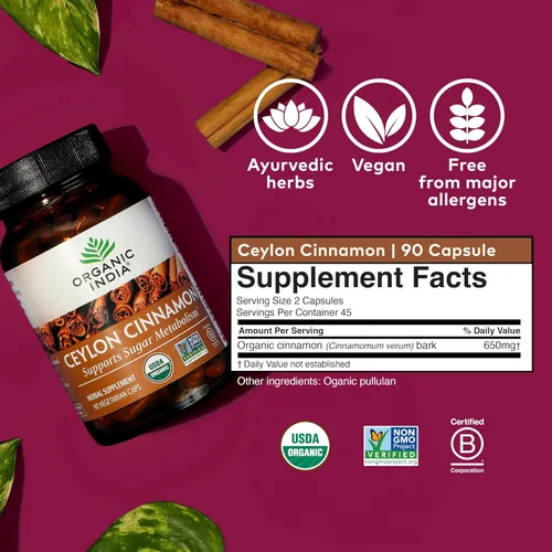 Miniatura 5 de ORGANIC INDIA Ceilán - Suplemento de hierbas de canela - Vegano, sin gluten, Kosher, certificado orgánico USDA, sin OMG, 90 cápsulas