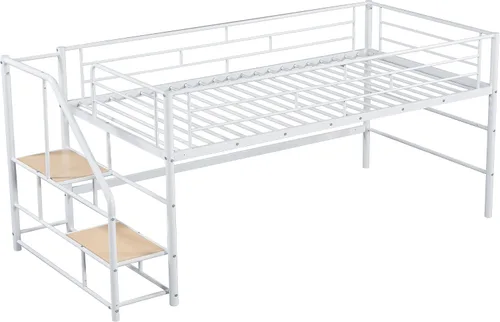 Miniatura 8 de Cama tipo loft de metal con escaleras de almacenamiento, tamaño individual, cama alta con marco de acero resistente con barandilla de seguridad