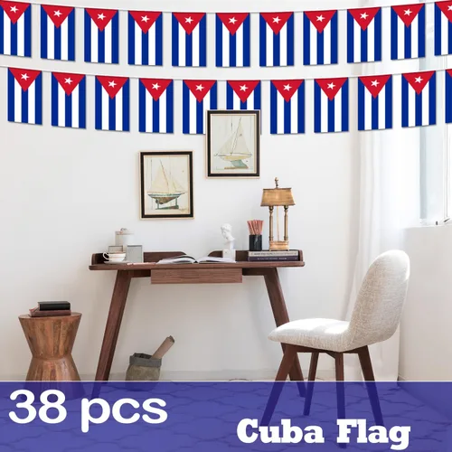Miniatura 6 de Bandera de cuerda en forma de banderín de Cuba - 38 banderas, 42 pies de pequeñas mini banderas cubanas en guirnalda para decoración de país
