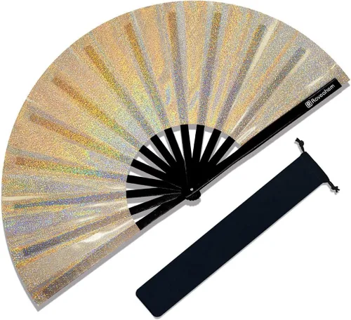 Miniatura 13 de Ventilador grande para rave, ventilador de mano plegable Clack con tela de primera calidad, marco de bambú grueso para hombres y mujeres, regalo