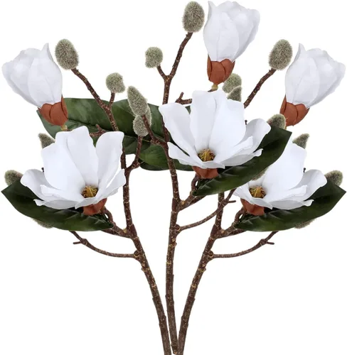 DILATATA Magnolias - Flores artificiales, 3 tallos de magnolias de seda, flores de magnolia sintética de 17.7 pulgadas, ramas de magnolia de tacto