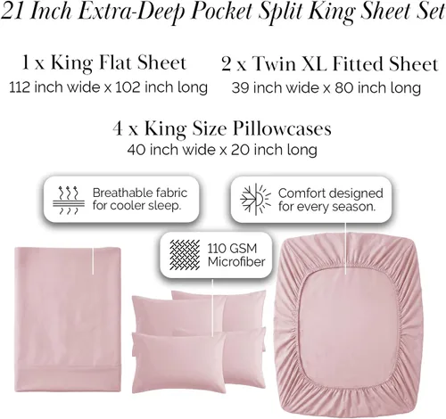 Miniatura 237 de Southshore Fine Living, Inc. Juego de 7 piezas de sábanas King divididas para cama ajustable, juego de sábanas King divididas con bolsillo de 21