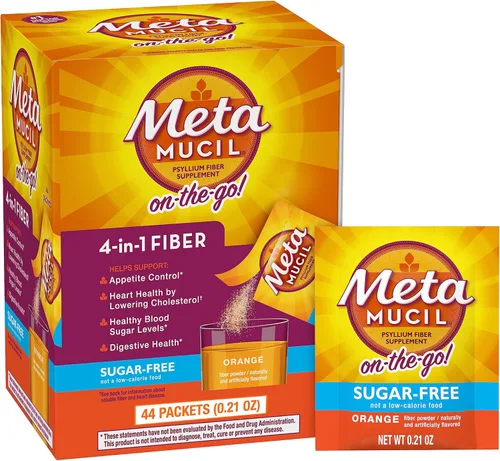 Metamucil Paquetes para llevar, sin azúcar, 44 paquetes, suplemento de fibra de cáscara de psyllium 4 en 1, sabor a naranja, porciones individuales