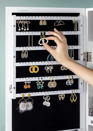 Miniatura 5 de LUXFURNI Armario de joyería con luz LED, espejo de pie, organizador de almacenamiento grande con cerradura y cajones (blanco)