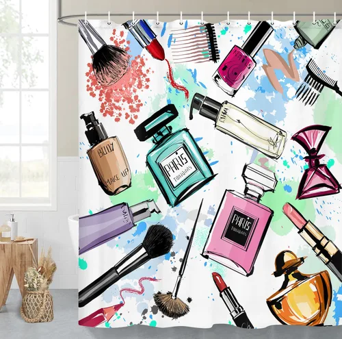 Miniatura 3 de JAWO Cortinas de ducha cosméticas para mujer y niña, elegante perfume de acuarela y lápiz labial, juego de cortinas de baño de tela con ganchos, Azul