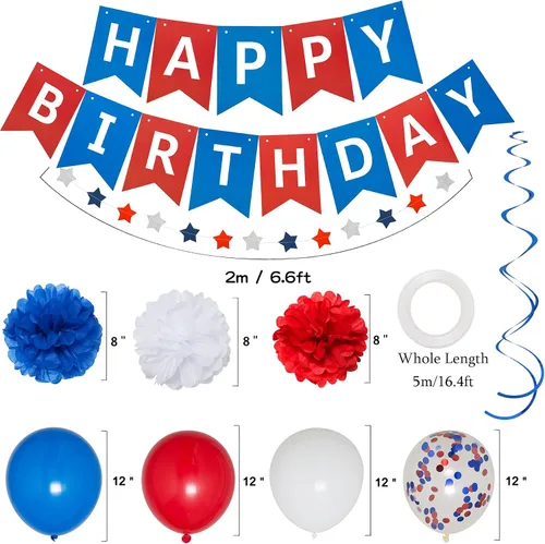 Miniatura 7 de Decoraciones de cumpleaños azules, blancas y rojas, kit de suministros de fiesta patriótica para hombres, mujeres y niños, pancarta de feliz