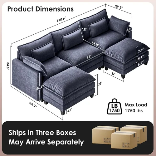 Miniatura 2 de Marsail Sofá modular modular de 110.6 pulgadas en forma de U, moderno y cómodo sofá nube, sofá de felpilla de 5 asientos con almohada y otomana Azul