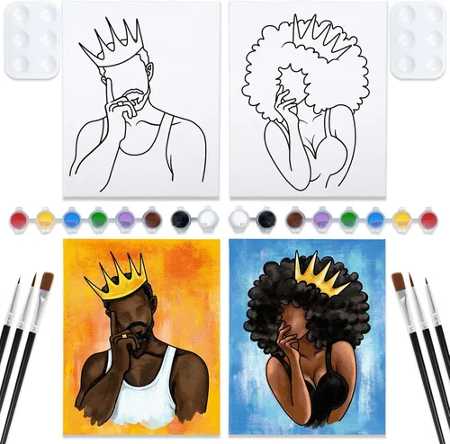 Miniatura 6 de Nuberlic Paquete de 2 lienzos de pintura para parejas, lienzos predibujados para pintar para adultos, suministros de fiesta de pintura y sorbos
