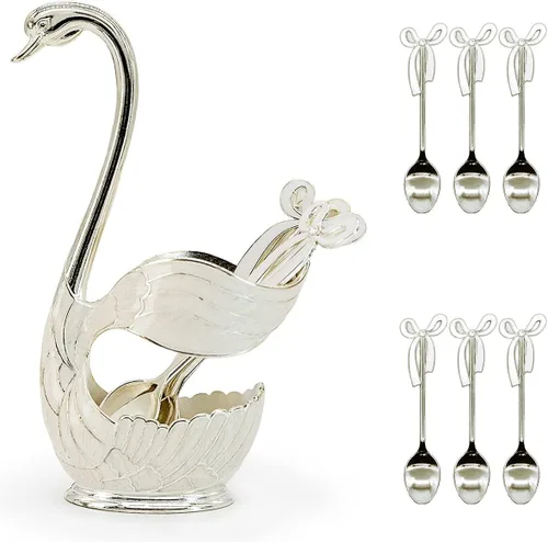 Miniatura 10 de Flylin Juego de cucharas de postre de café, soporte con base de cisne con 6 cucharas de helado, cucharaditas de café, postre y azúcar, cubiertos