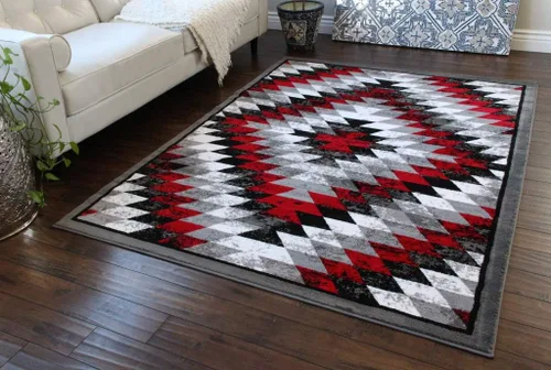 Masada Rugs, Stephanie Collection - Alfombra de área del suroeste de nativos americanos, diseño desgastado 1106 rojo, gris, blanco y negro (5 pies 3
