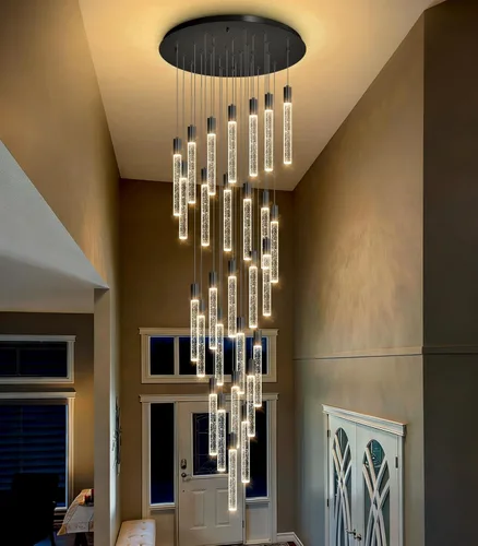 Miniatura 42 de HAIXIANG Candelabro de techo alto de 118 pulgadas, colgantes lineales de cristal, regulables remotos, techos inclinados compatibles, negro mate