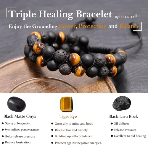 Miniatura 3 de Pulsera de triple protección para hombres y mujeres, auténtico ojo de tigre, ónix negro y roca de lava de 0.315 in, hecha a mano, pulsera de cuentas