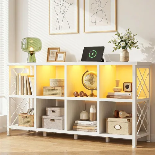 Miniatura 13 de DurayLoly Organizador de almacenamiento de 6 cubos con luz LED y estación de carga, estante de cubos de madera y metal, estante de libros horizontal