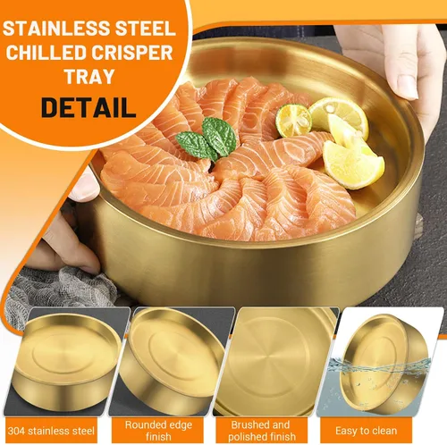 Miniatura 4 de Bandejas de acero inoxidable doradas de 11 pulgadas, bandeja fría para servir aperitivos con hielo, bandeja de servir helado para fiestas, plato