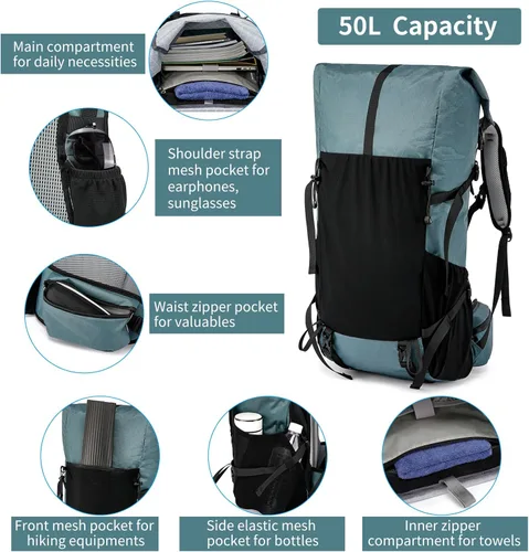 Miniatura 4 de Mochila de senderismo, 40L a 50L de capacidad extra grande, bolsa de senderismo, mochila de campamento con marco interno, mochila deportiva ligera