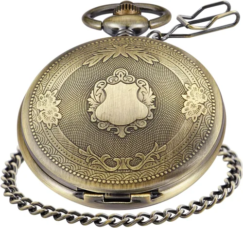 Miniatura 2 de Reloj de bolsillo de cuarzo para hombre, esfera digital romana negra con cadena, Marrón, Retro