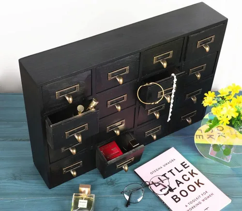 Miniatura 5 de Gabinete de boticario con 16 cajones, con mesa superior, cofres y gabinetes de boticario, gabinete para catálogo de tarjetas de biblioteca, caja