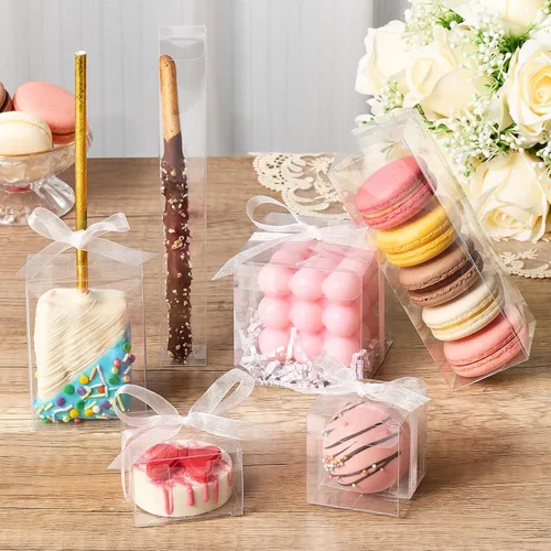 Miniatura 7 de Paquete de 100 cajas de regalo transparentes de 2 x 2 x 2 pulgadas con cintas, mini cajas transparentes para dulces y bombas de chocolate, caja