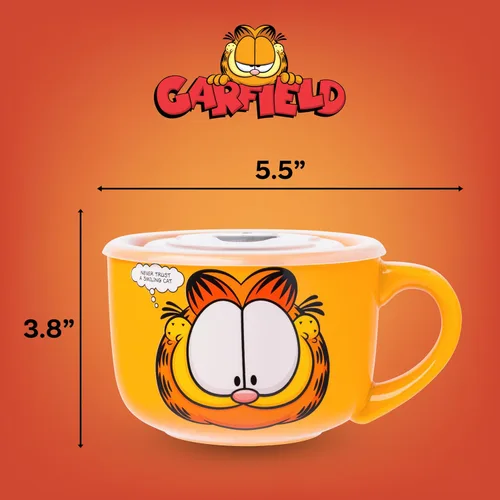 Miniatura 3 de Silver Buffalo Garfield Nunca confíes en un gato sonriente con Odie, Arlene, Nermal y Pooky - Taza de sopa de cerámica con tapa de plástico