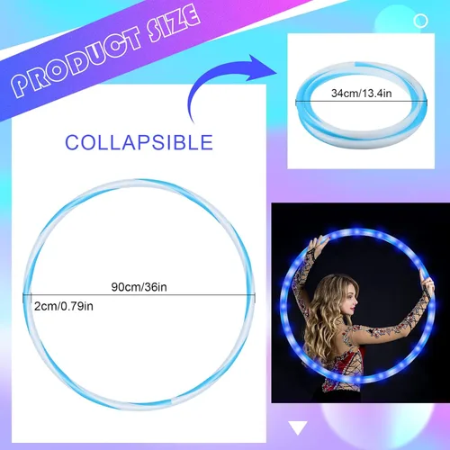 Miniatura 3 de Paquete de 8 aros de luz LED de 36 pulgadas con luces brillantes, aros de ejercicio de fitness, 10 aros de ejercicio que cambian de color, aro Azul